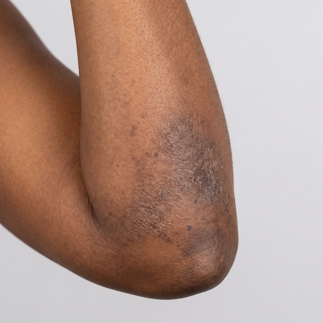 Elbow before - dark ashy patch with rough texture