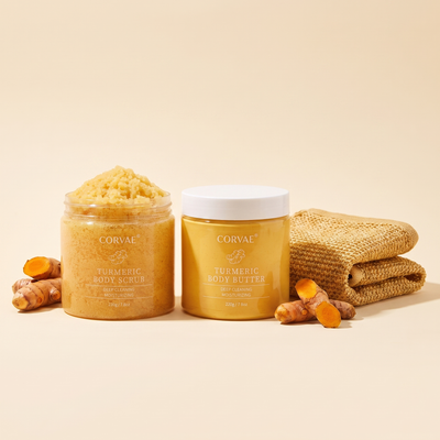 Corvae Complete Glow Routine — turmeric scrub, body butter and exfoliating mitt